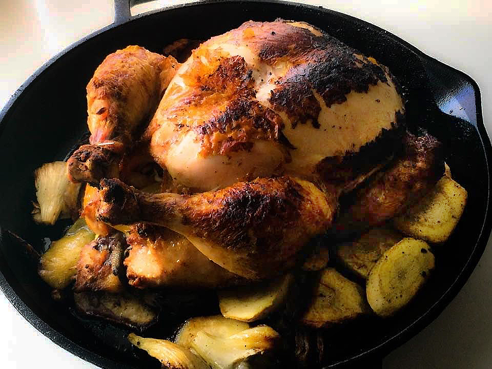 Skillet Roasted Chicken with Fennel, Parsnips, and Scallions