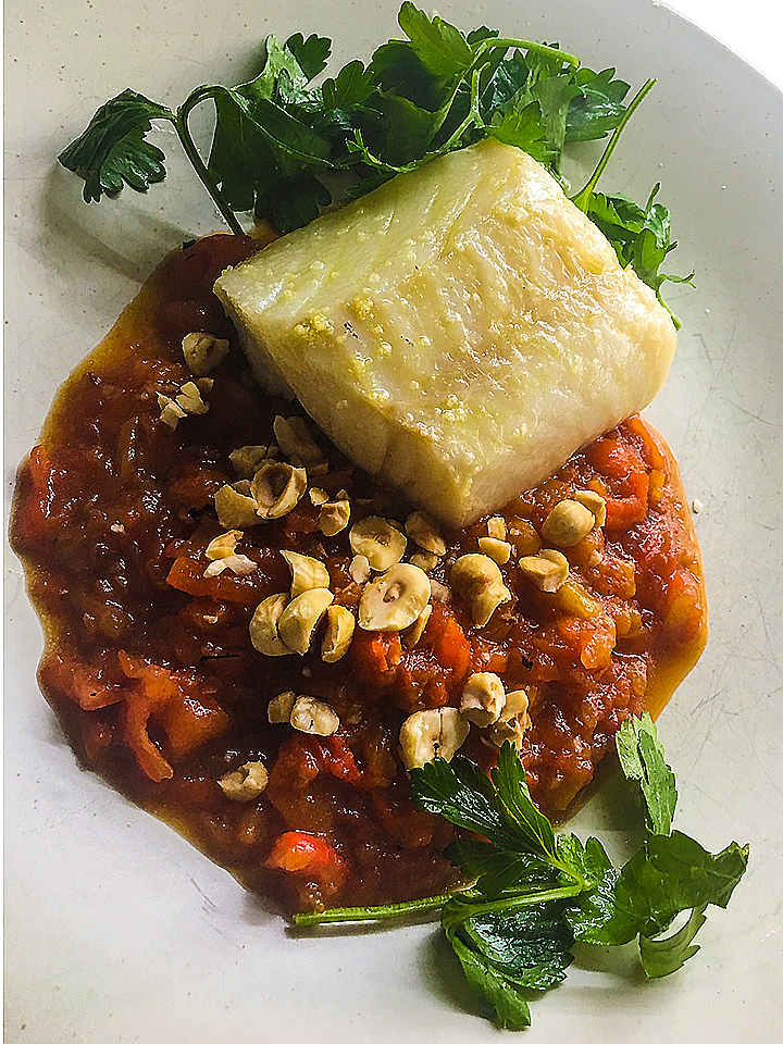 Cod with Romesco Sauce, Hazelnuts, Lemon, and Parsley