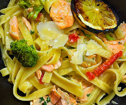 Fettuccini Alfredo with Salmon, Broccoli, Roasted Bell Pepper, Pine Nuts and Dill