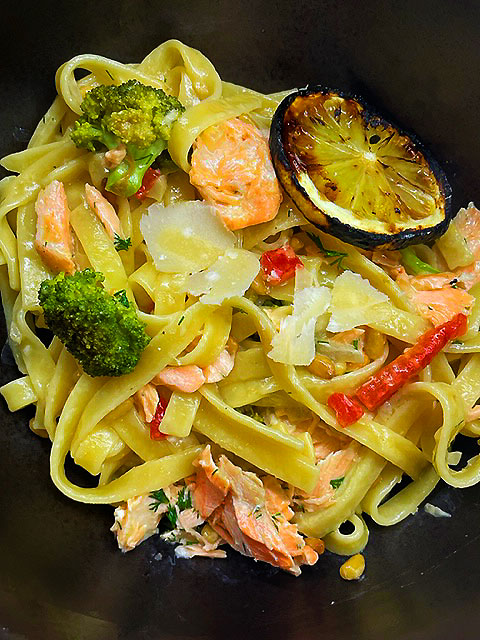 Fettuccini Alfredo with Salmon, Broccoli, Roasted Bell Pepper, Pine Nuts and Dill